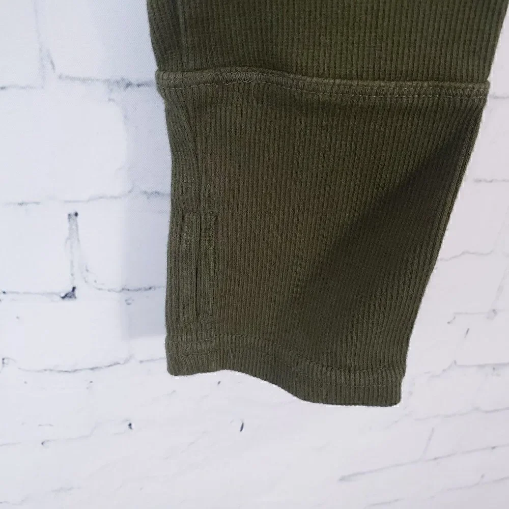 Free People Movement Long Sleeve Ribbed Knit Knot Front Cropped Top Size L Green